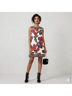 Imperial Italy Shift Dress S Red Rose Brocade Baroque Mini Floral Jacquard Boho
